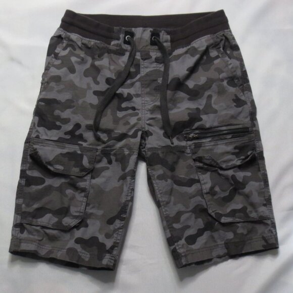 WT02 mens SHORTS camo GRAY stretch waist CARGO pull on DRAWSTRING size M - Picture 1 of 11